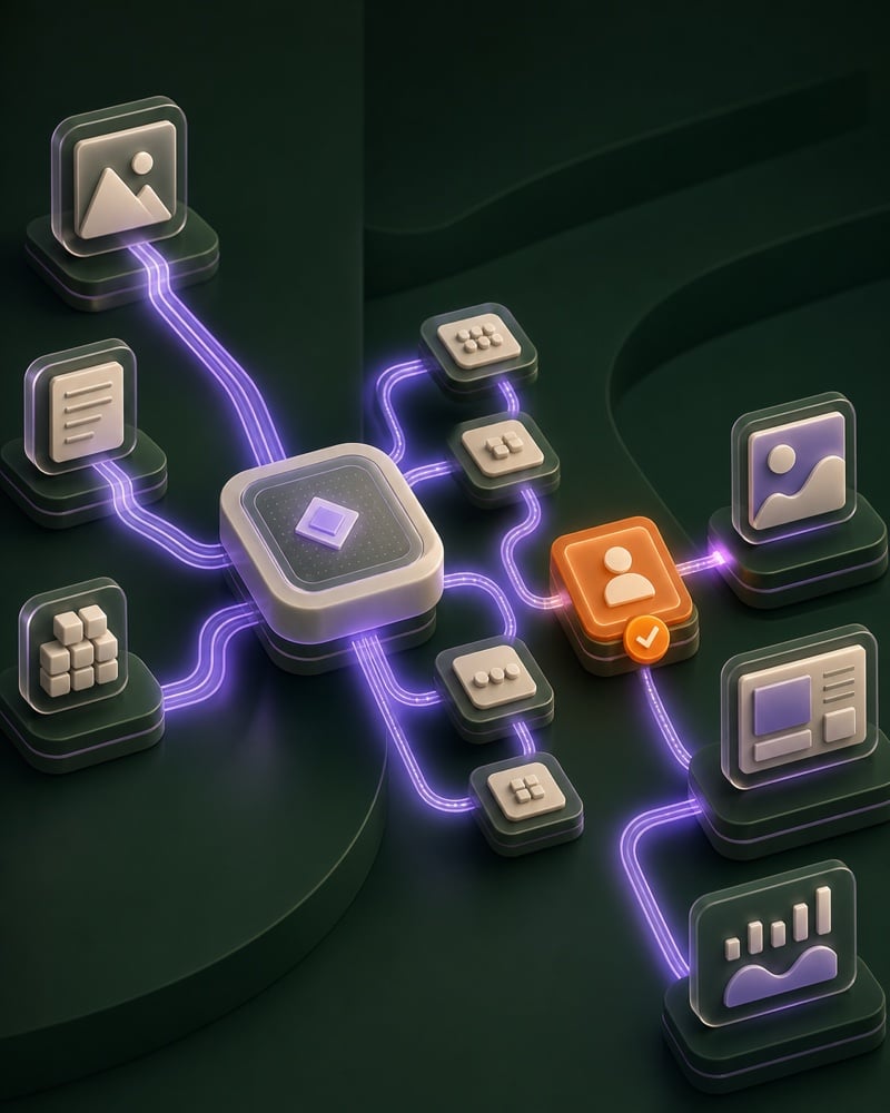 Visualisierung eines agentischen KI-Workflows mit verbundenen Marketingmodulen und menschlichem Freigabepunkt.