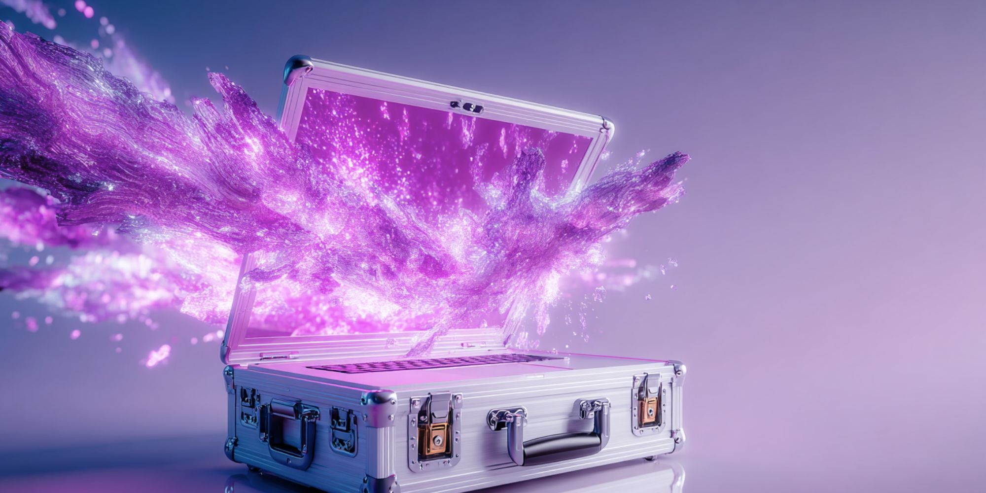 Silberner Aktenkoffer, aus dem eine dynamische violette digitale Energie strömt. Symbol für die Vielfalt und Kraft von KI-Tools im Marketing.