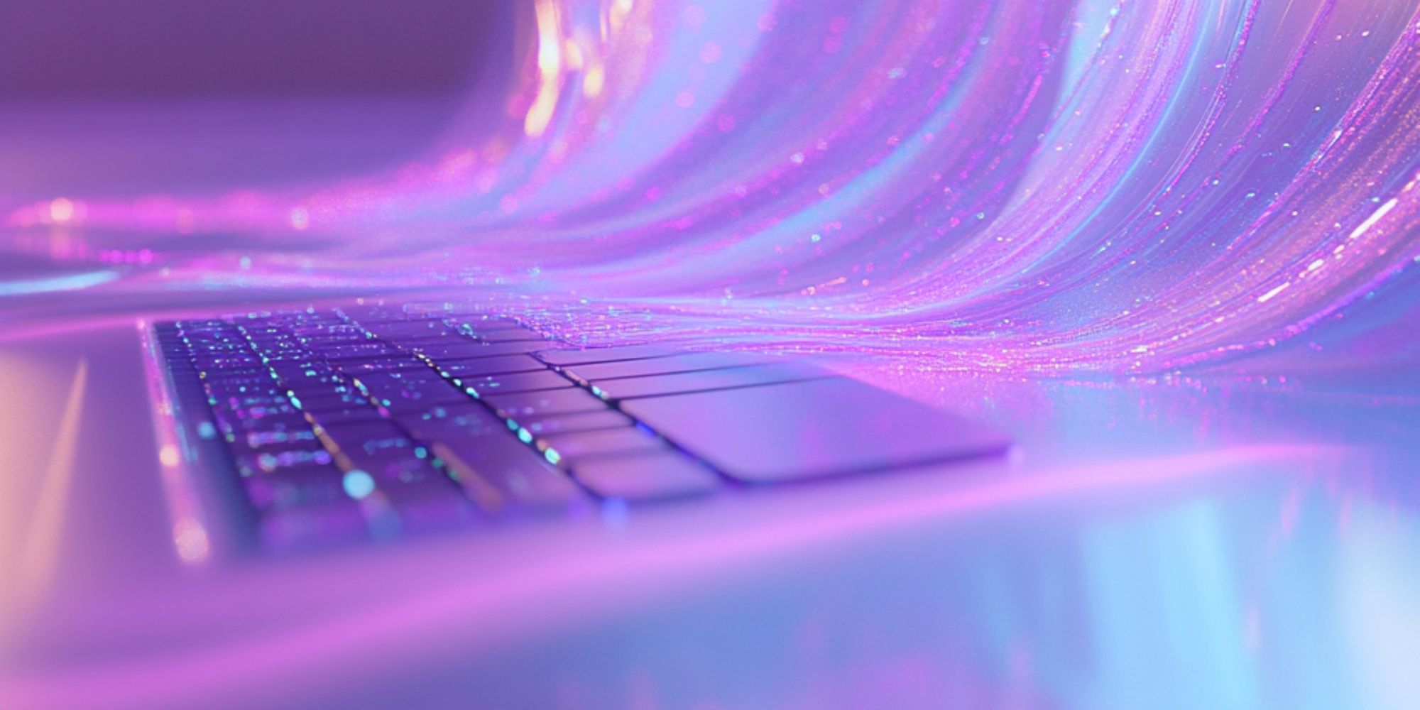 Laptop-Tastatur in Nahaufnahme mit fließenden, leuchtenden Wellen aus lila und pinken Lichteffekten im Hintergrund