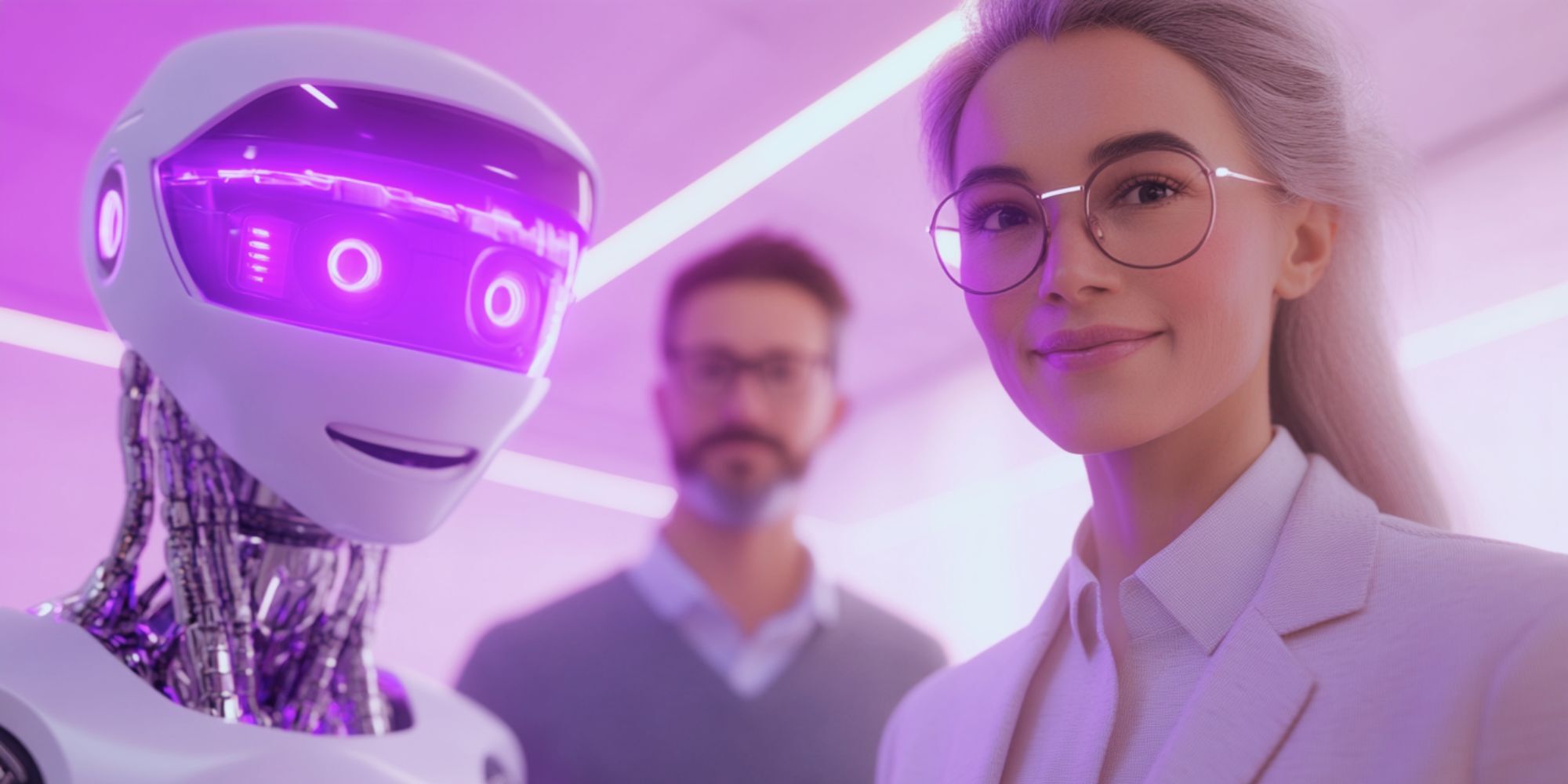 Frau im Business-Outfit mit Brille steht neben humanoidem KI-Roboter – Symbolbild für strategischen KI-Einsatz im Marketing