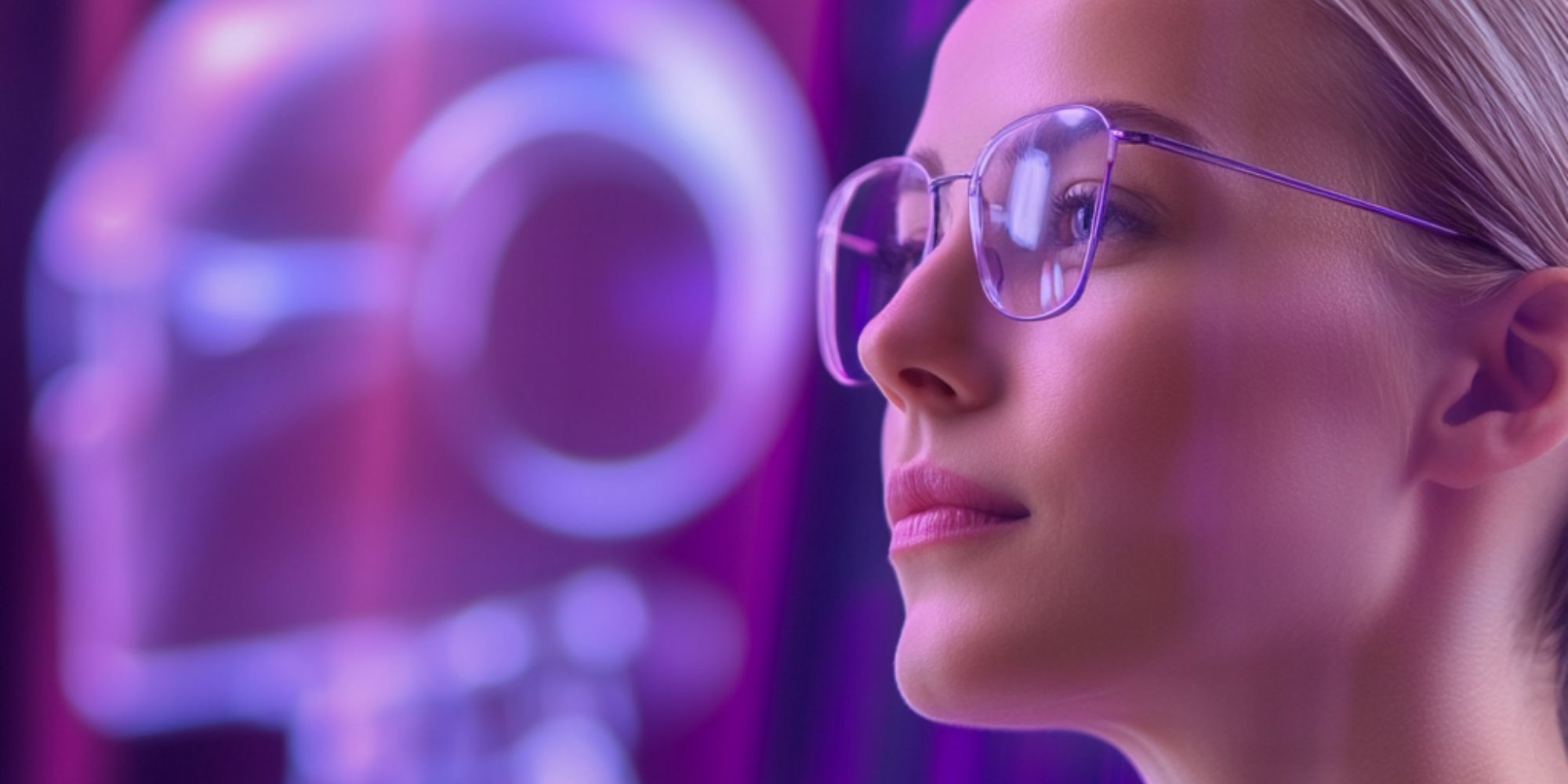 Nahaufnahme einer Frau mit Brille im violetten Licht, die nachdenklich nach vorne blickt; im Hintergrund unscharf ein stilisierter humanoider Roboterkopf.