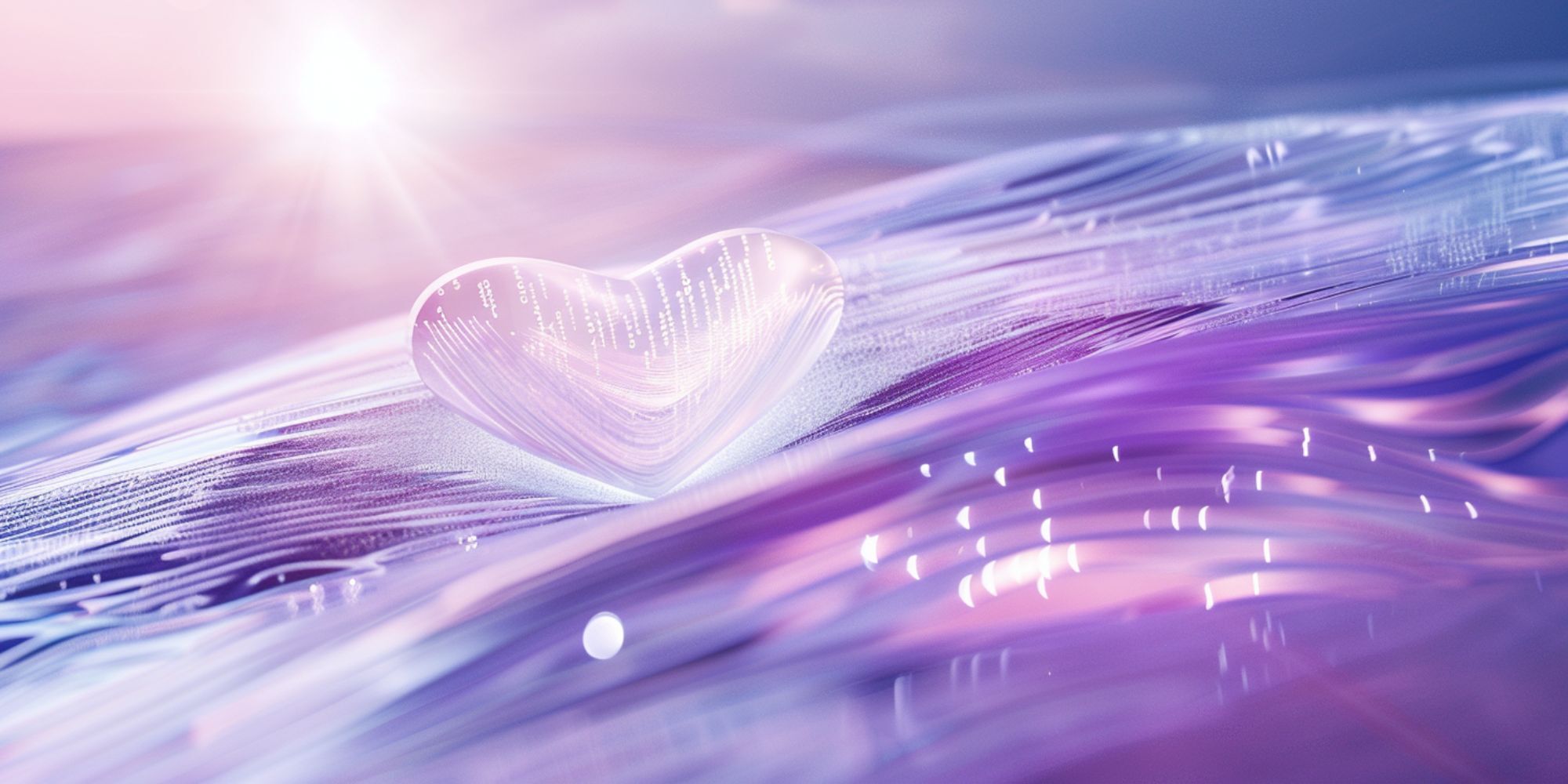 Gläsernes Herz auf einer violett-rosa schimmernden Oberfläche mit digitalen Lichtmustern.