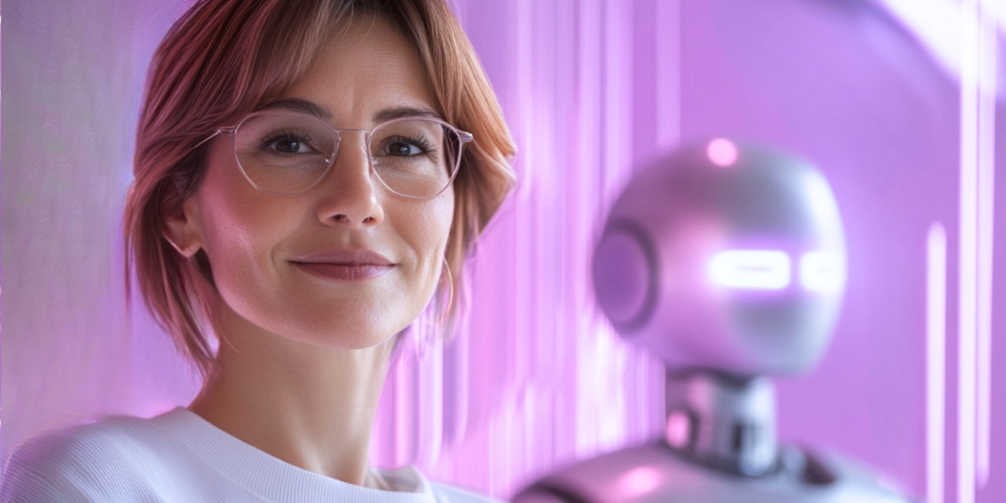 Frau mit Brille vor einem futuristischen Chatbot – symbolisiert den Einsatz von Custom GPTs und künstlicher Intelligenz im Marketing.
