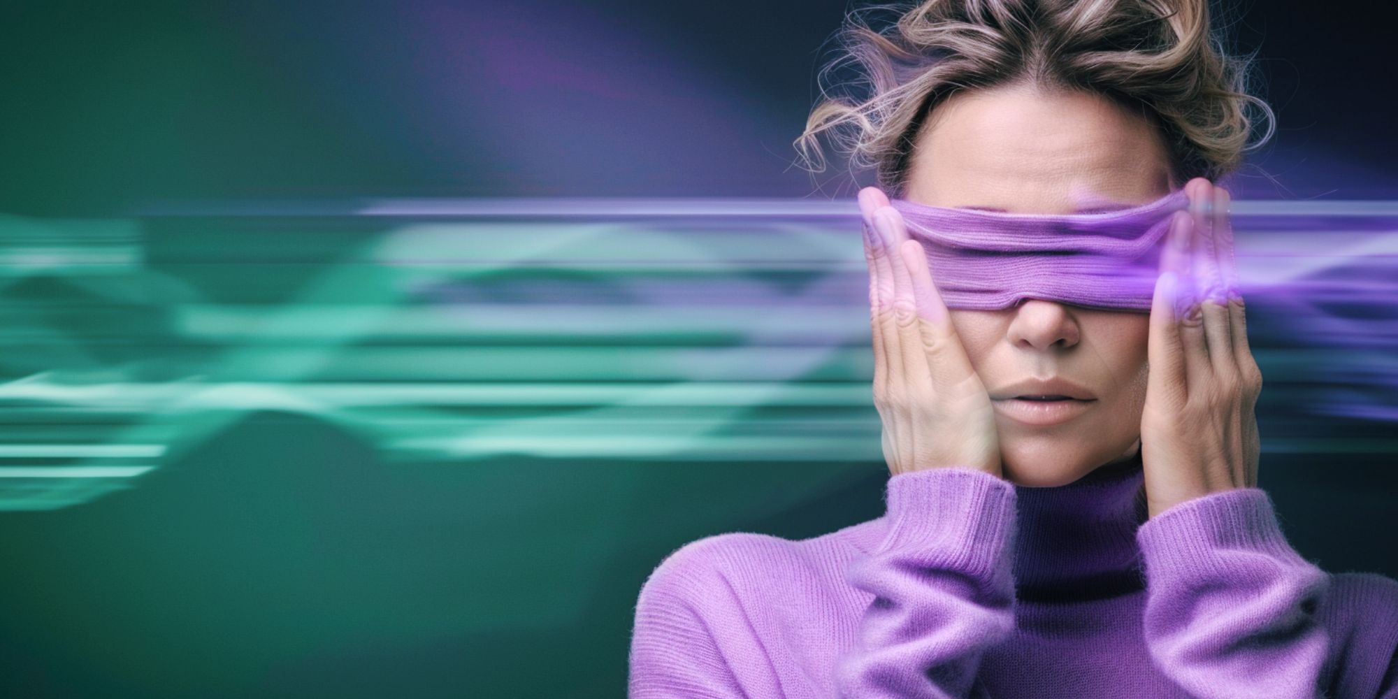 Eine Frau in einem lilafarbenen Rollkragenpullover hält sich die Hände an die Schläfen, während ihre Augen von einem breiten, violetten Lichtband verdeckt werden. Dynamische, grünliche und violette Lichtstreifen ziehen sich horizontal durch den Hintergrund und erzeugen eine futuristische, technologische Atmosphäre.