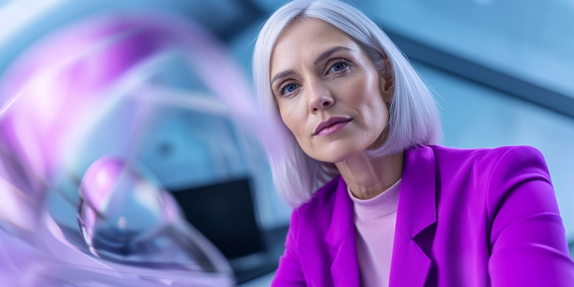 Selbstbewusste Frau mit grauen Haaren im pinken Blazer blickt nachdenklich. Symbolbild für Gender Bias in KI und ungleiche Bezahlung