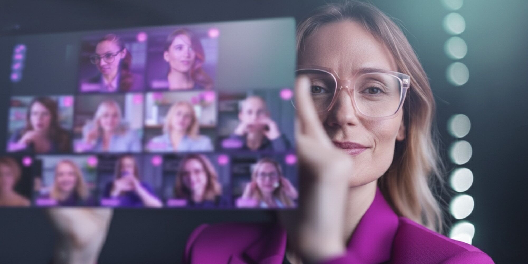 Frau in pinkem Blazer hält ein transparentes digitales Interface mit mehreren Videokacheln eines Online-Meetings; Fokus auf ihr Gesicht und die leicht verschwommene Meeting-Ansicht im Hintergrund.