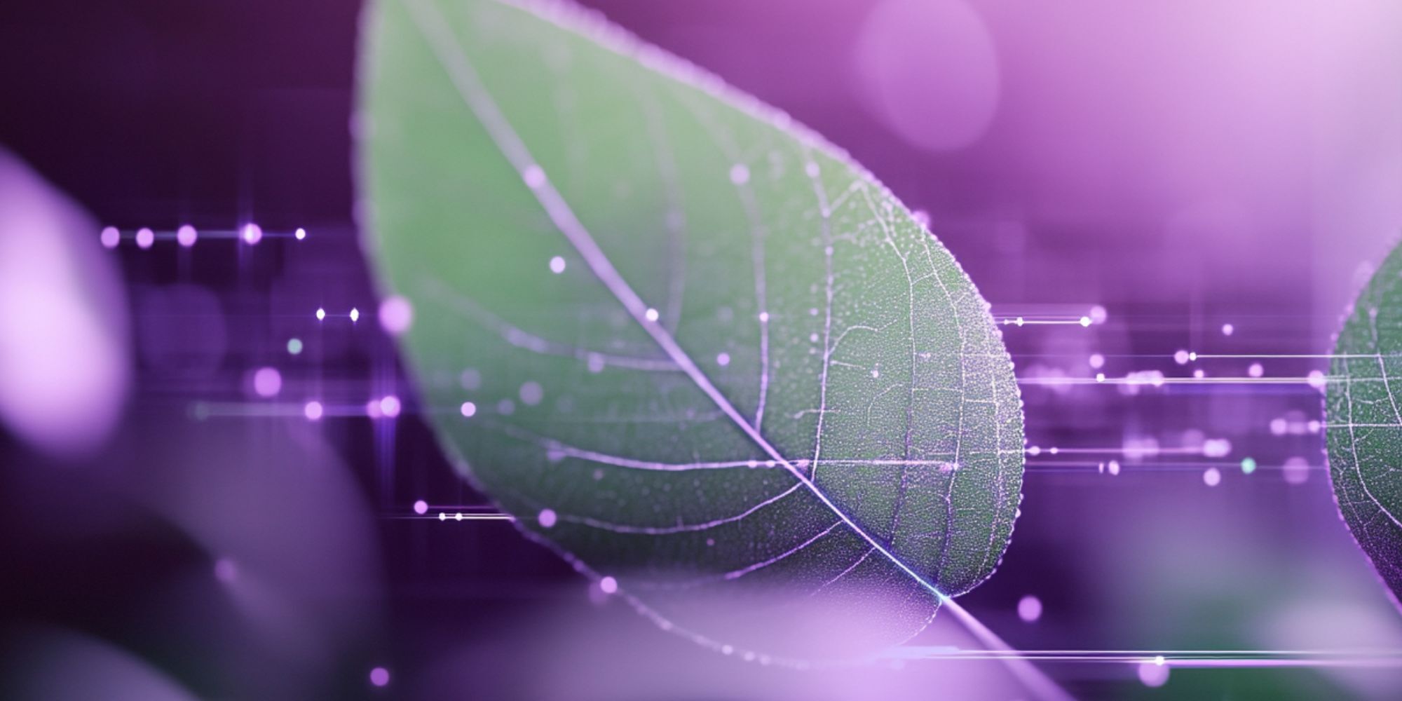 Nahaufnahme eines grünen Blattes mit feinen Blattadern, überlagert von violetten digitalen Linien und Datenpunkten – Symbol für nachhaltige Technologie und KI.