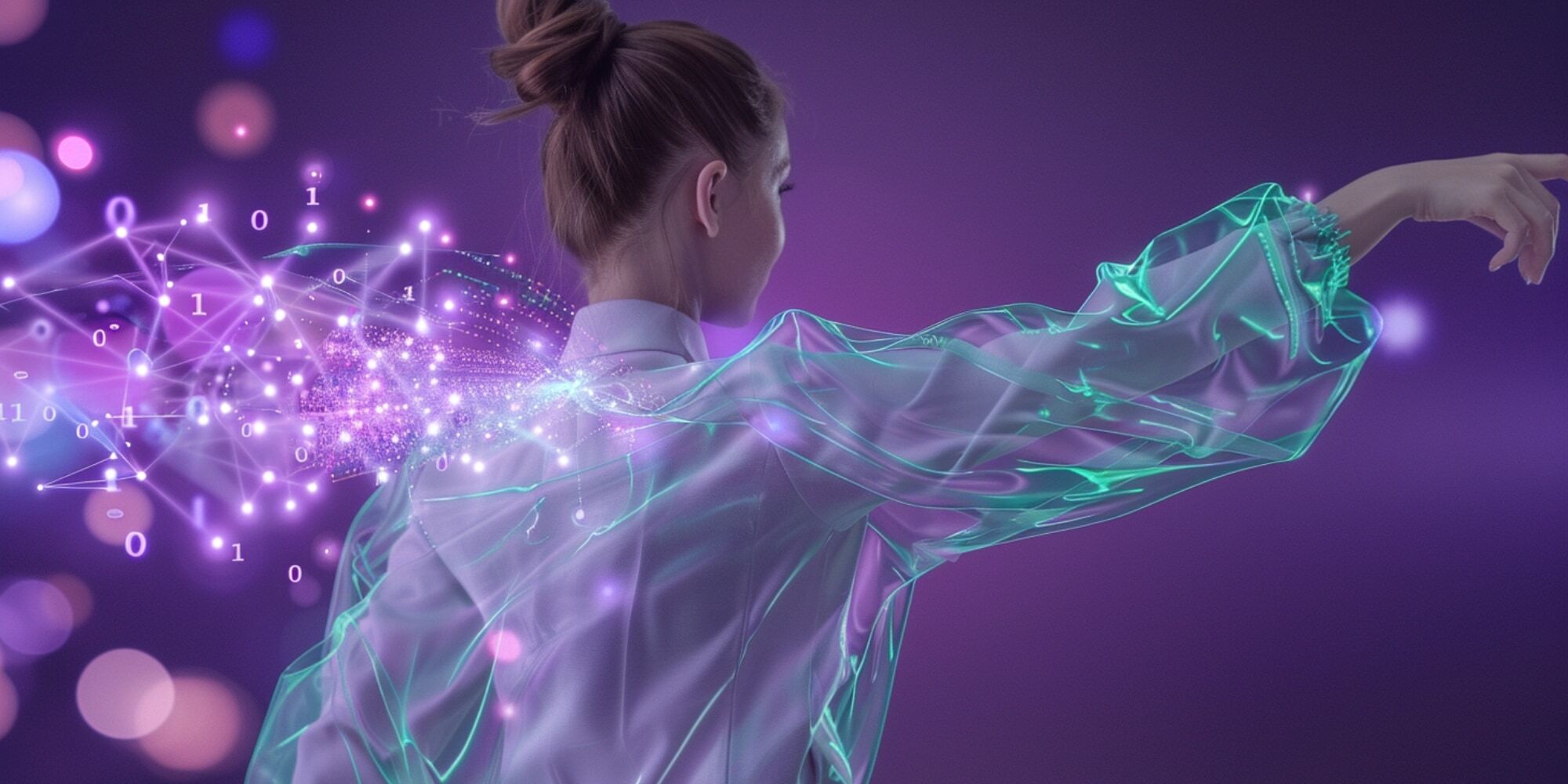 Frau von hinten vor violettem Hintergrund, umgeben von leuchtenden Datenpunkten, Binärcode und transparenten digitalen Linien – symbolische Darstellung von künstlicher Intelligenz und Mensch-Maschine-Interaktion.