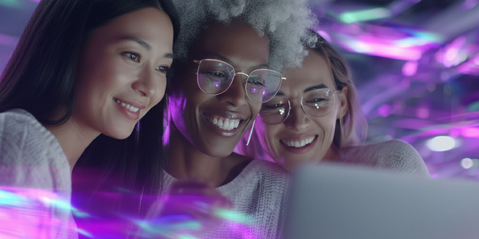 Drei Frauen entdecken gemeinsam KI-Anwendungen am Laptop – KI-Masterclass für Frauen mit Fokus auf Marketing, Kreativität und Empowerment.