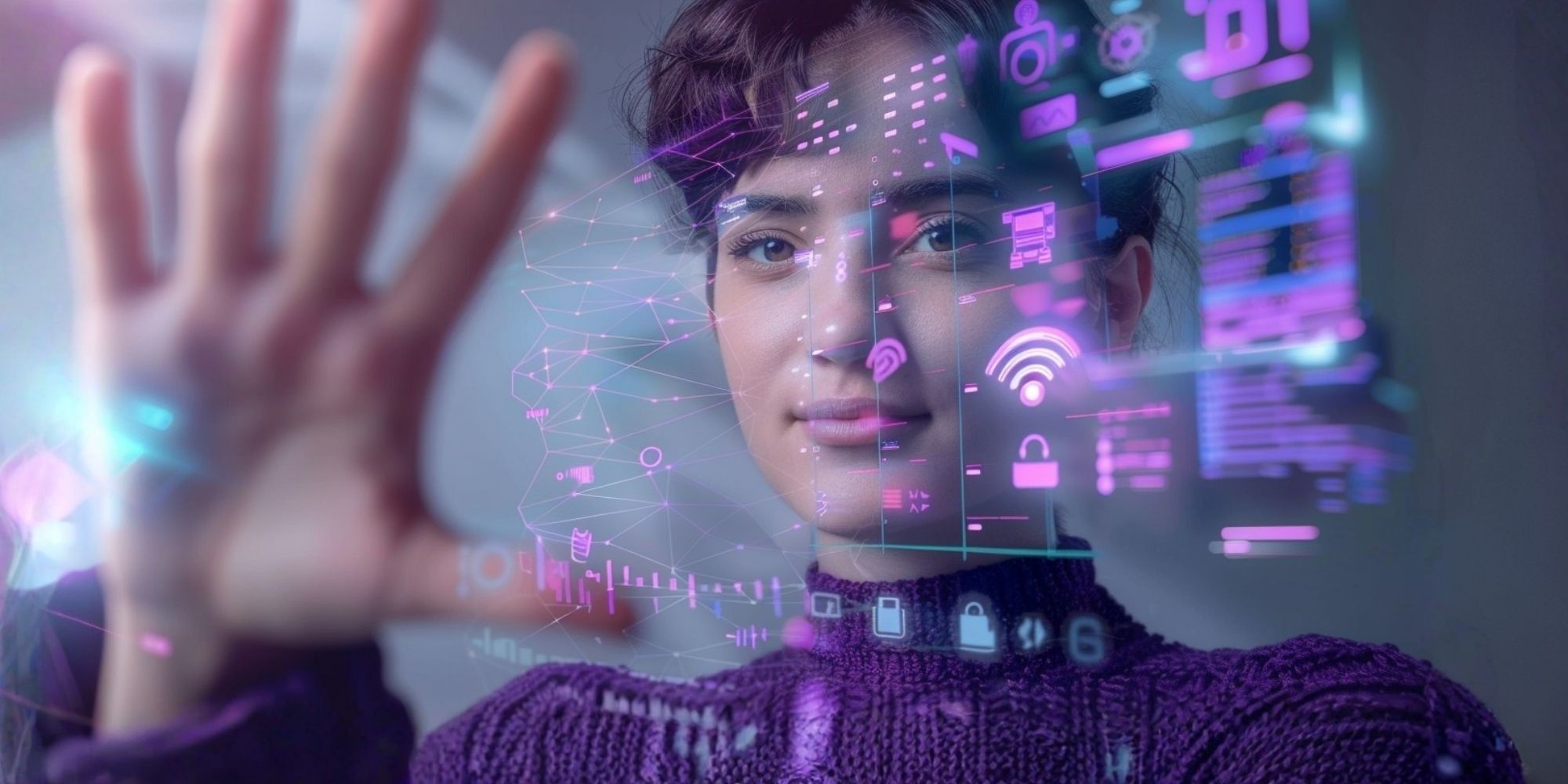Frau blickt in die Kamera und hält eine Hand nach vorne. Vor ihrem Gesicht sind transparente digitale Symbole, Diagramme und Icons eingeblendet, die Daten, Vernetzung und Technologie darstellen.