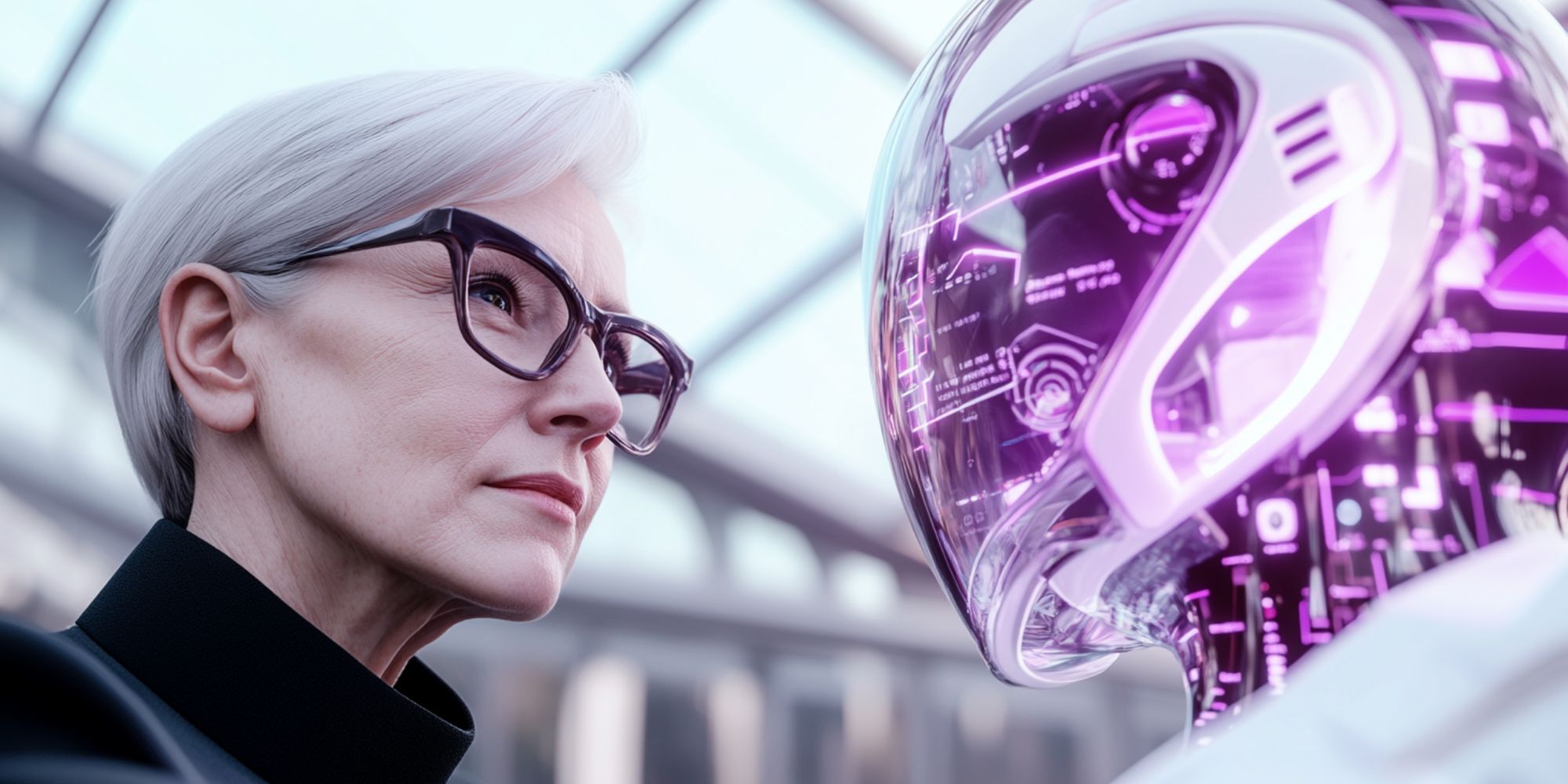 Nahaufnahme einer Frau mit Brille im Gespräch mit einem futuristischen Roboter mit violetten Lichtelementen. Symbol für Mensch-KI-Zusammenarbeit im Marketing.