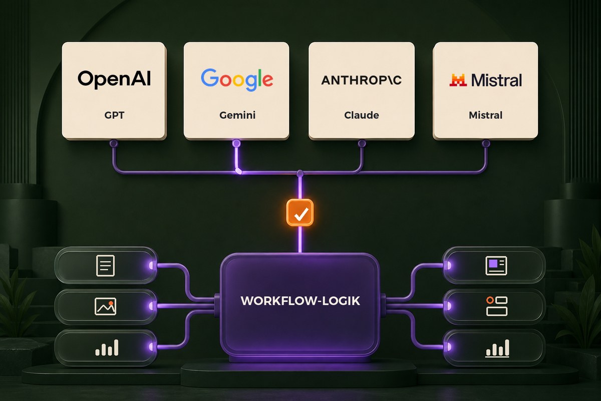 Vier KI-Modellanbieter sind über einen Prüfpunkt mit einer stabilen Marketing-Workflow-Logik verbunden.“ Vier KI-Modellanbieter sind über einen Prüfpunkt mit einer stabilen Marketing-Workflow-Logik verbunden.“