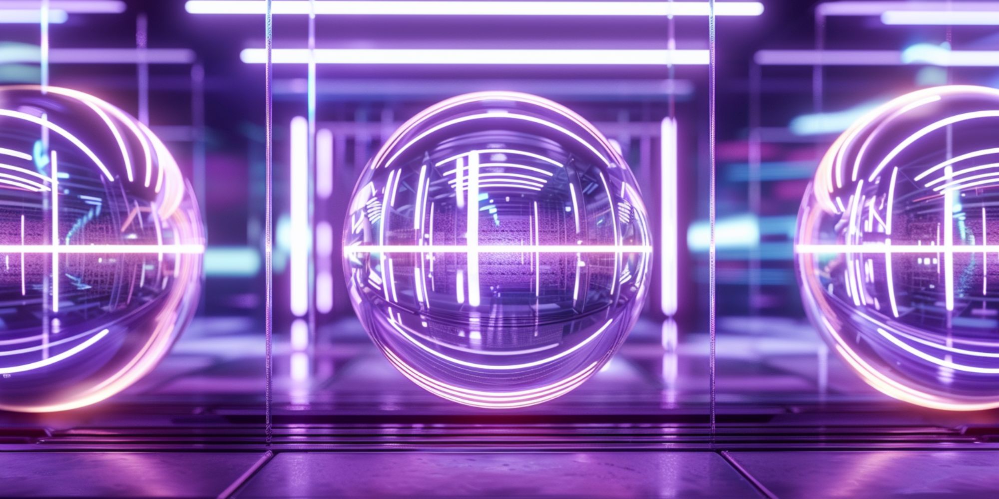 Futuristische digitale Visualisierung einer schwebenden Glaskugel mit violetten Neonlichtern, abstrakte Darstellung für KI-Bilderzeugung und Perspektivwechsel.
