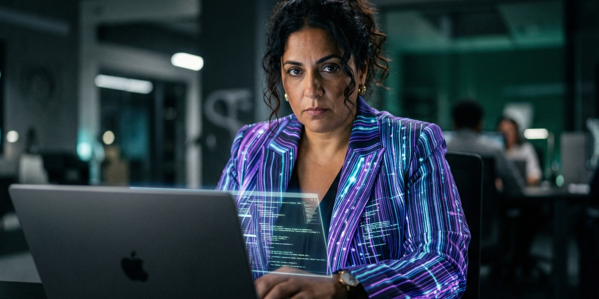 rau arbeitet konzentriert an einem Laptop in einem modernen Büro, mit digitalen Code-Overlays als Symbol für KI, Datenanalyse und Technologiearbeit.