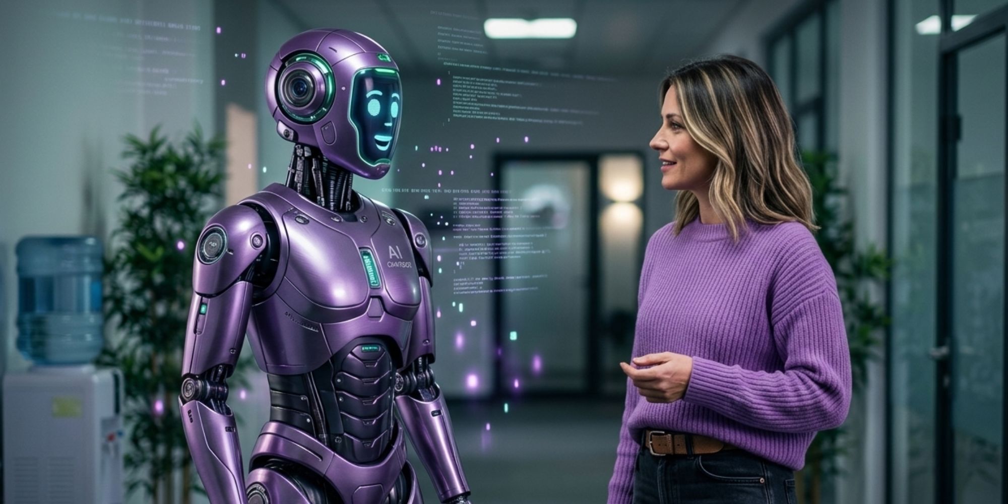 Marketing-Expertin im Gespräch mit einem lila KI-Chatbot in modernem Büro, visuelle Darstellung von Zusammenarbeit zwischen Mensch und künstlicher Intelligenz