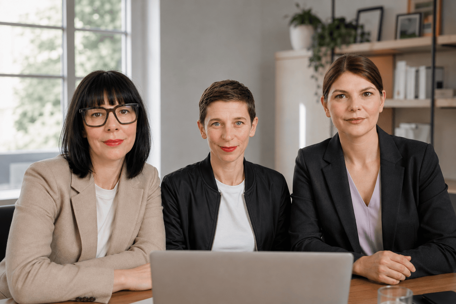 SISTERHOOD x going forward Anja Teßmann, Kerstin Ludwig und Julie Teßmann sitzen nebeneinander an einem Tisch vor einem Laptop und blicken in die Kamera.